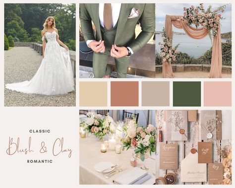 Blush & Clay Mood Board for Summer/Spring Wedding Clay And Blush Wedding, Summer 2024 Wedding, Tuscany Wedding Theme Color Palettes, Garden Wedding Mood Board, Spring Wedding Mood Board, Summer Wedding Mood Board, Wedding Mood Board Ideas, Blush Wedding Palette, Vintage Pastel Wedding