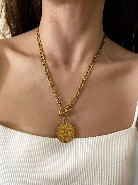 Excited to share this item from my #etsy shop: Gold coin necklace, phestos disc pendentif medallion, chunky coin necklace, ancient aesthetic coin charm necklace, Greek coin charm necklace Ancient Aesthetic, Figaro Necklace, Heraklion, Gold Coin Necklace, Greek Coins, Coin Pendant Necklace, Figaro Chain, Gold Coin, Coin Necklace