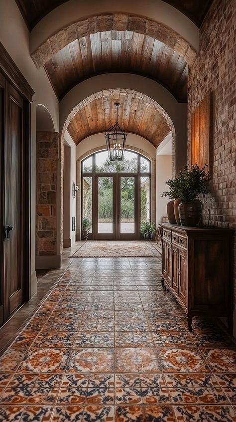 Rustic Hallway Design Ideas: Stunning Inspirations to Transform Your Space - Remodr Tile Entry To Wood Floor, Tile Entry, Hallway Design Ideas, Brick Archway, Rustic Hallway, Stone Archway, Field And Stream, Wooden Beams Ceiling, Rustic Wooden Bench