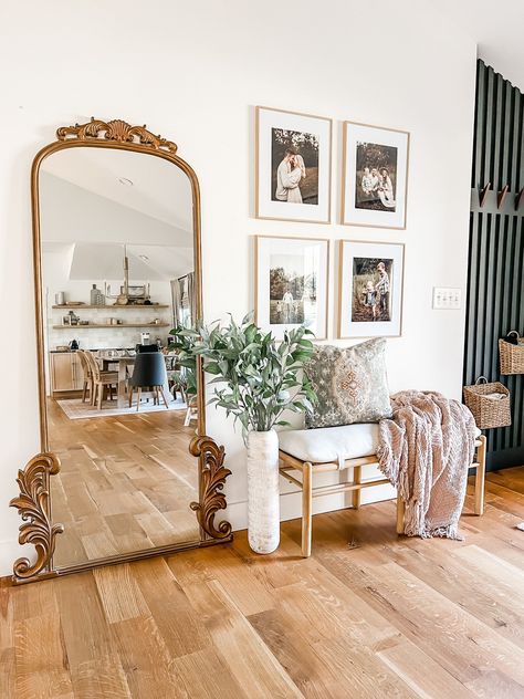 Big Mirror In Living Room Aesthetic, Big Mirror Entryway Entrance, Entryway Ideas With Mirror And Table, How To Decorate Around A Mirror On Wall, Anthro Mirror Entryway, Entry Mirror Ideas Entrance, Oversized Mirror Entryway, Where To Place Mirrors In Home, Entry Way Ideas With Mirror