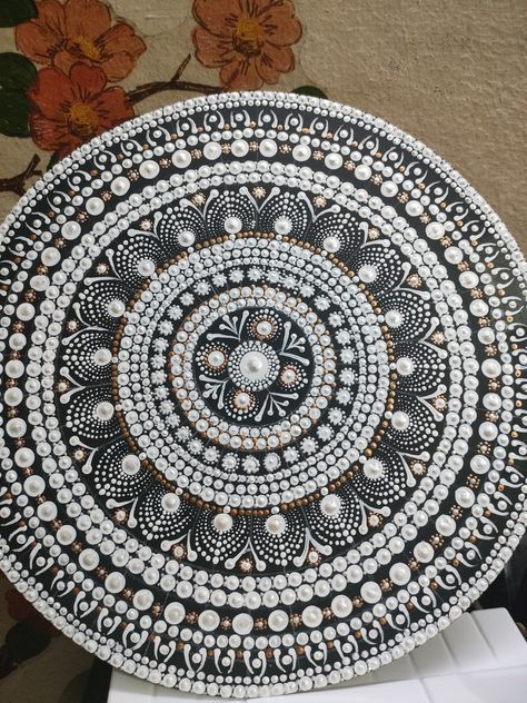 White color with hint of bronze Mandala Art On Black Canvas, White Dot Mandala, Art On Black Canvas, Dot Mandala Art, On Black Canvas, Dot Mandala, Dot Art Painting, Mandala Painting, Dot Art