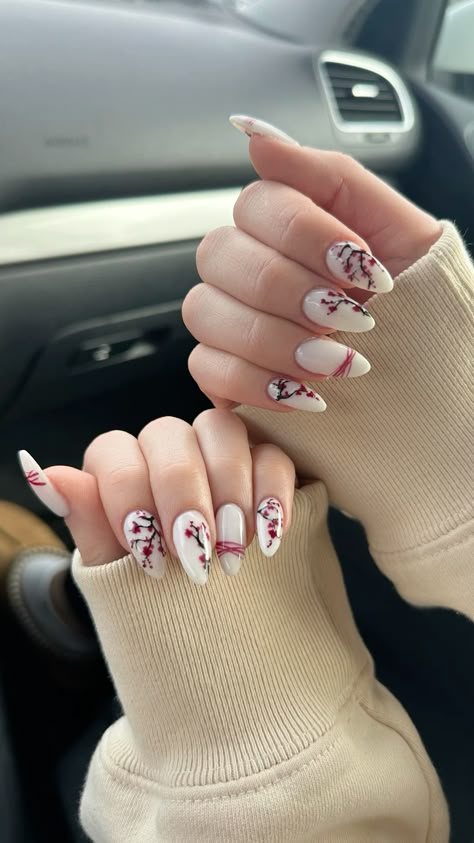 cherry blossom nails Cherry Blooms Nails, Gel Nails Cherry Blossom, Almond Blossom Nails, 3d Cherry Blossom Nails, Cherry Blossom Gel Nails, Cherry Blossom Almond Nails, Nail Art Cherry Blossom, Japan Style Nails, White Cherry Blossom Nails