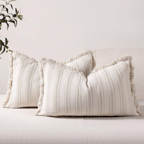 Amazon.com: Striped Farmhouse Pillow Covers 18x18 Set of 2 Khaki and Beige Throw Pillow Covers with Fringe Chic Accent Cotton Decorative Square Pillows Covers for Sofa Couch Bed Living Room Boho Decor : Home & Kitchen Cotton Decor Farmhouse, Ideal Farmhouse, Living Room Boho Decor, Room Boho Decor, Simplistic Aesthetic, Neutral Coastal Decor, Farmhouse Pillow Covers, Western Bedroom Decor, Living Room Boho