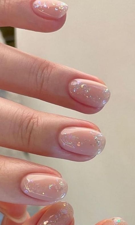 Small Nails Glitter, Neutral Almond Short Nails, Glitter Detail Nails, Clear With Glitter Nails, Clear Nail Polish With Glitter, Clean Glitter Nails, Short Clear Glitter Nails, Clear Nails With Sparkles, Neutral Glitter Nails Short