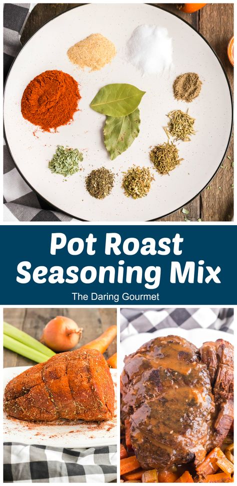 Savory, sweet, smoky and salty – these flavors describe this Pot Roast Seasoning that will make your next pot roast a total smash hit! Use it also with chicken, pork, veggies or as an all-purpose seasoning! Best Roast Seasoning, Pot Roast Marinade, Roast Seasoning Recipe, Seasoning For Roast, Roast Beef Seasoning, Roast Seasoning, Pork And Veggies, Daring Gourmet, Diy Seasonings