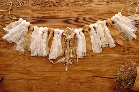 Western Chic Decor, Rag Tie Banner, Shabby Chic Garland, Victorian Curtains, Lace Valances, Burlap Curtains, Romantic Shabby Chic, Fabric Garland, Boho Curtains