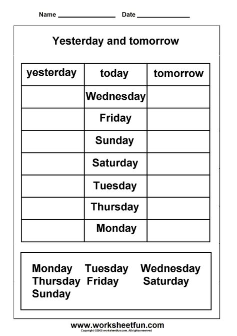 Days of the week - yesterday and tomorrow Special Education Worksheets, Maths Ideas, English Time, First Grade Worksheets, English Worksheets For Kids, A Worksheet, 1st Grade Worksheets, English Lessons For Kids, Kindergarten Learning