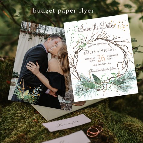 Simple White Background, Rustic Wedding Save The Dates, Pine Boughs, Winter Wedding Photos, Elegant Winter Wedding, Rustic Winter Wedding, Poinsettia Flowers, Rustic Save The Dates, Winter Wedding Invitations