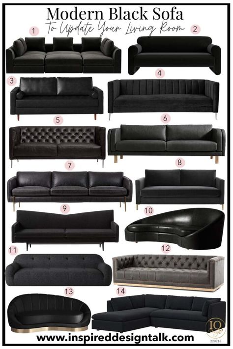 Black And Gold Couch, Black Living Room Decor Ideas, Modern Black Couch, Black Couch Decor, New Home Interior Design, Black Modern Sofa, Modern Living Room Black, Black Couch Living Room, Black Sofa Living Room