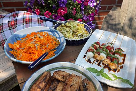 Chris Fennimore shares salads perfect for your next picnic. Green Olive Salad, Recipes Southern, Caprese Skewers, Orange Juice Concentrate, Olive Salad, Outdoor Eating, Carrot Salad, Vegetable Peeler, Green Olives