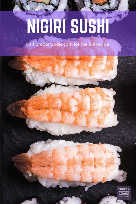 Nigiri sushi is simply a ball of sushi rice topped with cooked butterflied king prawns. Usual served without any raw fish this is a great option sushi-newbies, kids, and anyone who really can’t stand uncooked fish. These easy sushi balls are quick to make and perfect for using up that last bit of rice. Prawn Sushi, Sushi Balls, Poke Sushi, Sushi Wrap, Prawn Fish, Sushi Rice Recipes, Sushi Roll Recipes, King Prawns, Easy Sushi