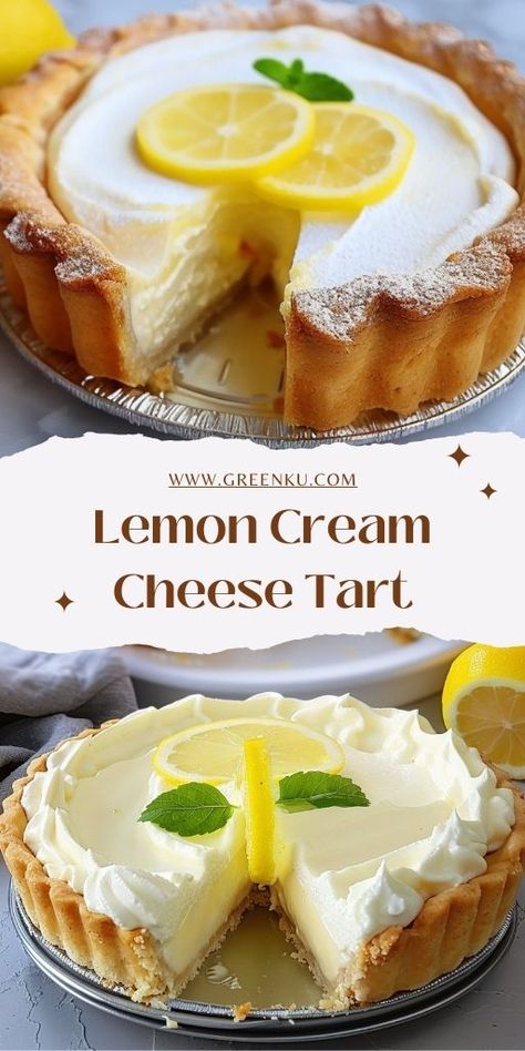 Lemon Cream Cheese Tart Ingredients: For the Dough: 1 egg Zest of 1 lemon 125 g (1/2 cup) sugar 310 g (2 1/2 cups) flour 5 g (1 teaspoon) baking powder 140 g (5 oz) butter, softened 1/2 teaspoon salt (optional) Mold: 8-inch round #Lemon #Cake Cream Cheese Tart, Lemon Tart Recipe, Lemon Pudding Cake, Lemon Cream Cheese, Cheese Tart, Tart Dessert, Lemon Cake Recipe, Lemon Dessert Recipes, Cheese Tarts