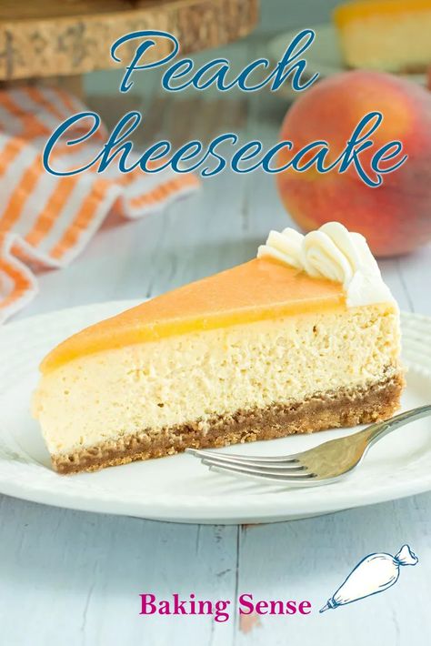 Peach Cheesecake! Ultra creamy cheesecake flavored with fresh peaches and topped with a gorgeous peach mirror glaze. A buttery graham cracker crust complements the velvety cheesecake layer. Peach Cheesecake Recipes, Peach Mirror, Peach Cheesecake, Cheesecake Layer, Cold Cake, Springform Pan Cake, Peach Puree, Classic Cheesecake, How To Make Cheesecake