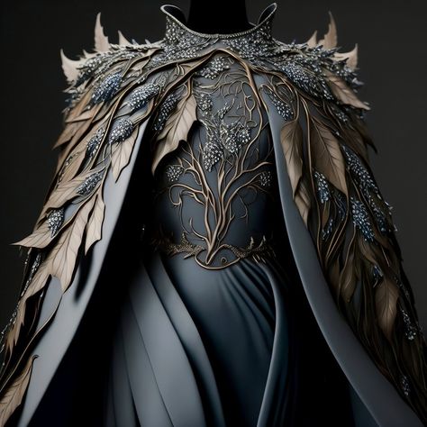 Dark grey armor and cape with 3d botanical embellishments. Feather Clothes Design, Fantasy Gowns Warriors Dragon, Elvish Armor, High Fantasy Clothing, Fantasy Queen Dress, Fantasy Gowns Warriors, Metal Armour, Armored Dress, Armour Dress