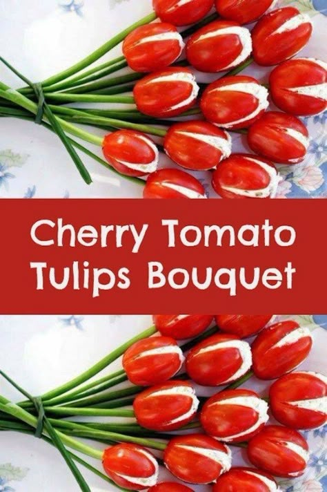 Cherry Tomato Tulips Bouquet. The perfect, fun food appetizer for Valentine's Day. I love that you can make this appetizer to enjoy at home, or bring to a Valentine's Day celebration! I think these would be cute at a small wedding, too. @creativehealthyfamily Tomato Tulips, Wedding Food Appetizers, Tulips Bouquet, Food Layout, Ditch The Carbs, Tulip Bouquet, Cherry Tomato, Valentines Food, Entertaining Recipes