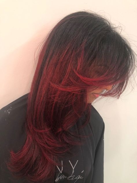 Curtain Bangs With Red Highlights, Butterfly Haircut With Red Highlights, Maroon Highlights On Dark Hair, Red Hair Dye Ideas For Brunettes, Chunky Red Highlights On Dark Hair, Black To Red Hair, Brown Hair Dyed Red, Red And Brown Hair, Dark Red Hair Dye