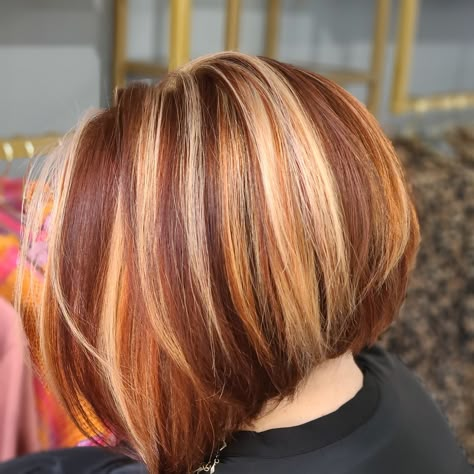 Cooper Red With Blonde Highlights, Copper Hair With Chunky Blonde Highlights, Short Copper Bob Highlights, Copper And Blonde Highlights, Brown Bob With Copper Highlights, Copper A Line Bob, Copper Blonde Hair Color, Red Hair With Blonde Highlights, Red Hair Looks