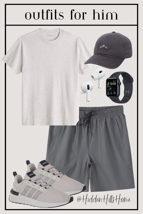 Causal mens athleisure outfit with an essential tee, athletic shorts, sneakers and a hat Running Errands Outfit Men, Men’s Gym Outfits Summer, Sports Style Outfits, Men Sport Outfit Casual, Casual Athletic Outfits Men, Mens Athleisure Outfits, Workout Outfits Men, Casual Athletic Outfits, Athleisure Outfit Ideas