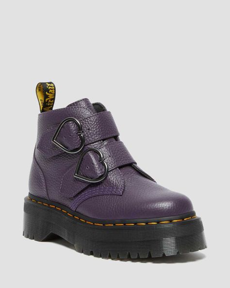 Shop Devon Heart Leather Platform Boots at Dr. Martens. Free delivery on orders over £50 Devon Heart Dr Martens, Heart Dr Martens, Dr Martens Devon Heart, Amethyst Aesthetic, Dr Martens Devon, Purple Ankle Boots, Platform Doc Martens, Heart Platforms, Jadon Boots