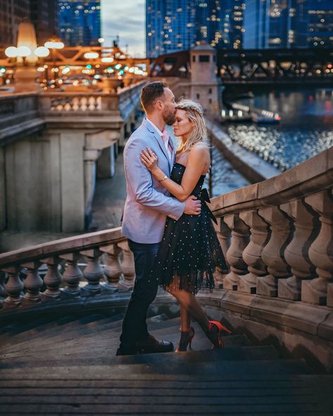 Nighttime engagement / city portraits / chicago riverwalk Chicago City Engagement Photos, Nighttime City Engagement Photos, Nighttime Engagement Shoot, Chicago Portrait Photography, Riverwalk Photoshoot, Chicago Riverwalk Photography, Chicago Engagement Shoot, Engagement Photoshoot Chicago, Chicago Riverwalk Engagement Photos