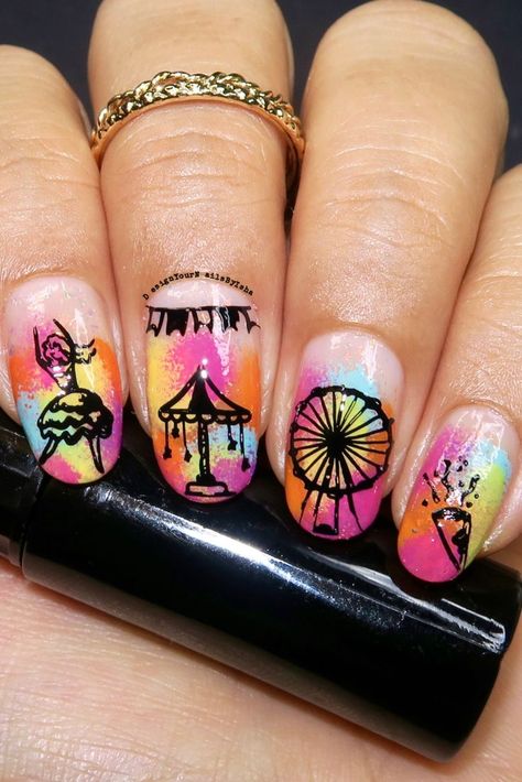 Circus Theme Nails | Carnival nail art | amusement park inspired nails | nail art for kids | colourful nails Ferris Wheel Nails, Theme Nail Art Designs, Carnival Theme Nails, Fair Themed Nails, Amusement Park Nails, Carnival Nail Art, Theme Park Nails, Circus Theme Nails, Circus Nails Designs