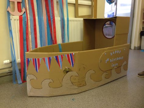 Child's cardboard boat, sailor theme, kids party boat, play area. A Sailor Went To Sea Activities, Cardboard Boat Diy, Ship Out Of Cardboard, Cardboard Box Boats, Make A Pirate Ship, Cardboard Pirate Ship, Cardboard Boat, Sailor Theme, Party Boat