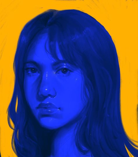 blue portrait of a lady with a yellow background digital art Monochromatic Watercolor Portraits, Monochromatic Eye Painting, Monochrome Drawing Colour, Monochromatic Self Portraits, Monochromatic Abstract Painting, Polychromatic Colour Scheme, Monochrome Painting Watercolor, Monochromatic Painting Portraits, Monochrome Portrait Painting