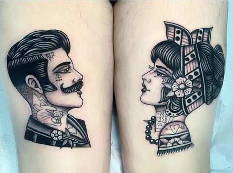 Traditional Style Couples Tattoo, Neo Traditional Couple Tattoo, Traditional Matching Tattoos Couple, Couples Traditional Tattoo, Old School Men Tattoo, Old School Couple Tattoo, Couple Traditional Tattoo, Traditional Lovers Tattoo, Traditional Man And Woman Tattoo