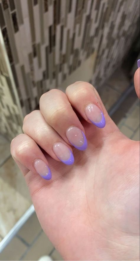 Light Purple French Tip Acrylic Nails, French Purple Nails Short, Homecoming Nails Acrylic Purple, Oval Purple French Tip Nails, Almond Nails French Tip Purple, Purple French Tip Nails Almond Short, Purple French Tip Nails Dip, Light Purple French Tip Nails Short, Light Purple Nails Tips