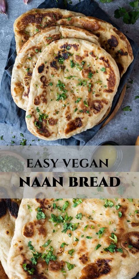 Vegan Garlic Naan, Vegan Naan Bread, Garlic Naan Bread, Dinner Recipes Vegan, Garlic Naan Recipe, Pane Naan, Vegan Naan, Homemade Naan, Vegan Bread Recipe