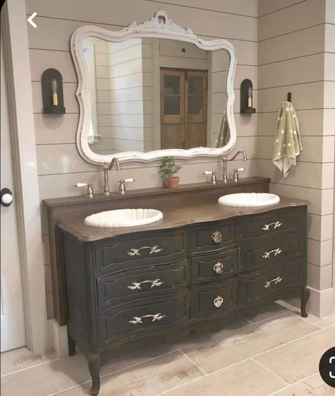 Dresser Sink Vanity, Dresser Sink, Attic Bathroom Ideas, Dresser Vanity Bathroom, Bathroom Vanity Double Sink, Clawfoot Tubs, Freestanding Tubs, New House Bathroom, Bathroom Vanity Makeover