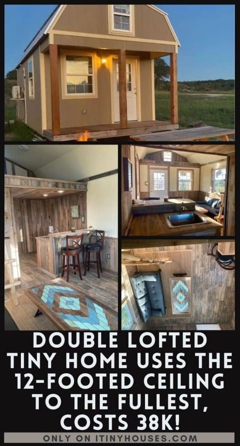 Double Lofted Tiny Home Uses The 12' Ceiling To The Fullest 12x36 Tiny House Floor Plans With Loft, 12x 32 Tiny House, Shed Loft Bedroom Ideas, 16x30 Tiny House Floor Plans, Tiny House Standing Loft, 12 X 36 Tiny House, 12x24 Shed House Interior, Tiny Shed Homes Interiors, 12x32 Tiny House Floor Plans With Loft