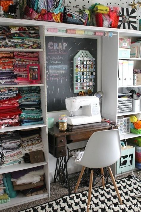 fun craft room storage ideas Sewing Studio Space, Ikea Bookcases, Small Craft Rooms, Sewing Spaces, Sewing Room Design, Dream Craft Room, Craft Room Design, Sewing Room Organization, Hobby Room