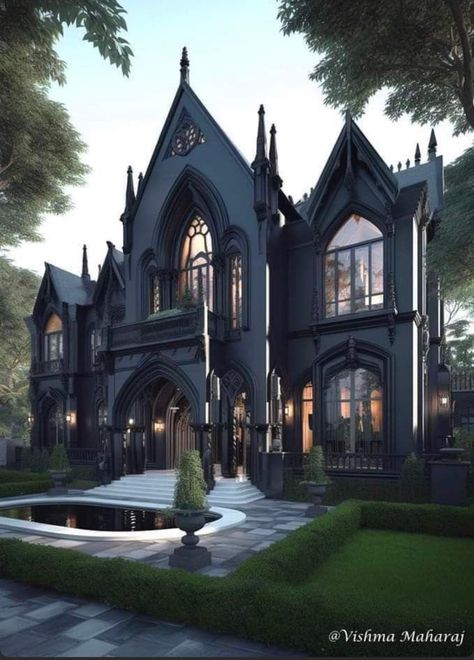 Gothic Black House, Black Castle House, Black Gothic House Exterior, Gothic Style House Exterior, Modern Gothic House Exterior, Modern Gothic Home Exterior, Black Mansion Exterior, Goth Home Exterior, Gothic Style Home Interior Design