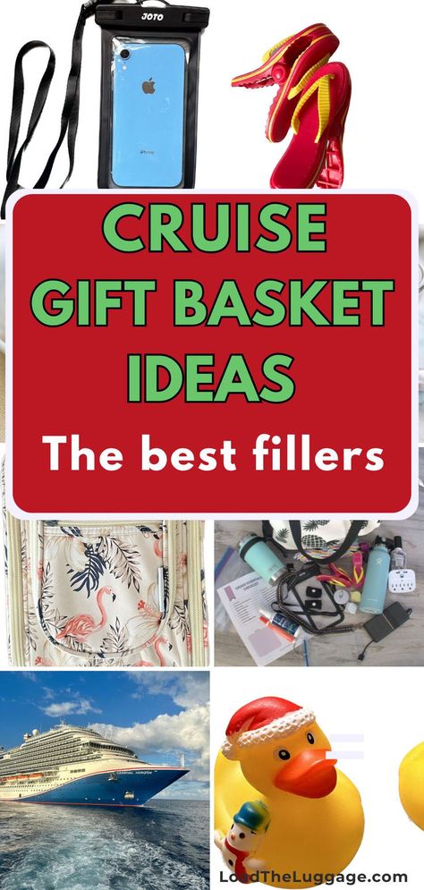 Cruise gift basket ideas - the best fillers.  Images are a waterproof phone pouch, flip flop towel clips, a hanging toiletry bag, a cruise ship photo, and cruise ducks. Gift Bag Filler Ideas, Cruise Gift Basket, Cruise Gift Bag Ideas, Santa Games, Carnival Horizon, Gift Bag Ideas, First Cruise, Cruise Gifts, Cruise Essentials