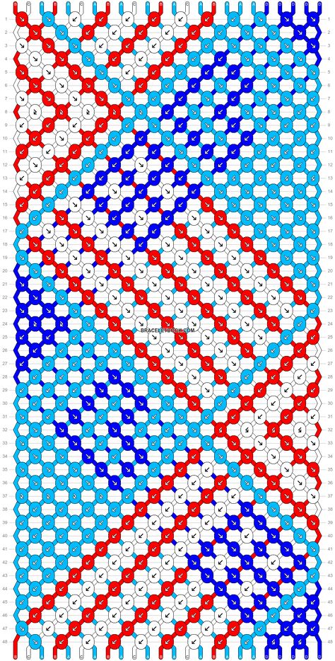 Normal pattern #92706 | BraceletBook Patriotic Friendship Bracelet Patterns, American Flag Bracelet Pattern, 4th Of July Friendship Bracelet Patterns, American Flag Friendship Bracelet, Patriotic Bracelet, Ankle Bracelets Diy, Handmade Friendship Bracelets, Bracelet Inspo, Bracelets Patterns