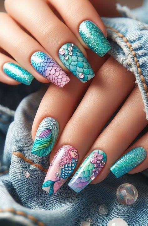 Experience the magic of mermaids with Aqua Marine nails. Perfect for those who want a splash of oceanic charm with a hint of tranquility! Vacation Nail Colors, Marine Nails, Vacation Nails Beach, Orange Mermaid, Ocean Magic, Mermaid Nail Art, Mermaid Nail, Fun Nail Colors, Coral Design