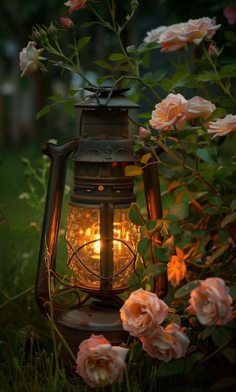 Warm Glow Aesthetic, Rose Garden Aesthetic, Warm Vintage Aesthetic, Romantic Vintage Aesthetic, Red And Orange Roses, Candle Light Photography, Glowing Lantern, English Rose Garden, Soft Pastel Colors