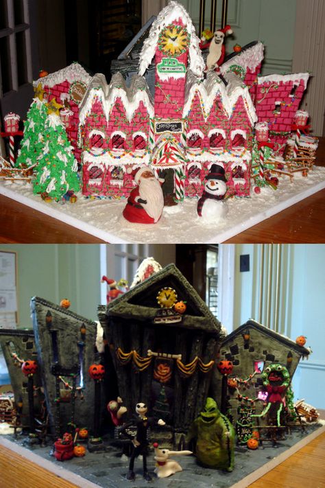 Gingerbread House Cake. Nightmare Before Christmas. Halloween Town on one side & Christmas on the other! Nightmare Before Christmas Gingerbread House, Nightmare Before Christmas Gingerbread, Halloween Gingerbread House, Nightmare Before Christmas Cake, Gingerbread House Ideas, Spooky Cake, Gingerbread Village, House Cake, Dark Christmas