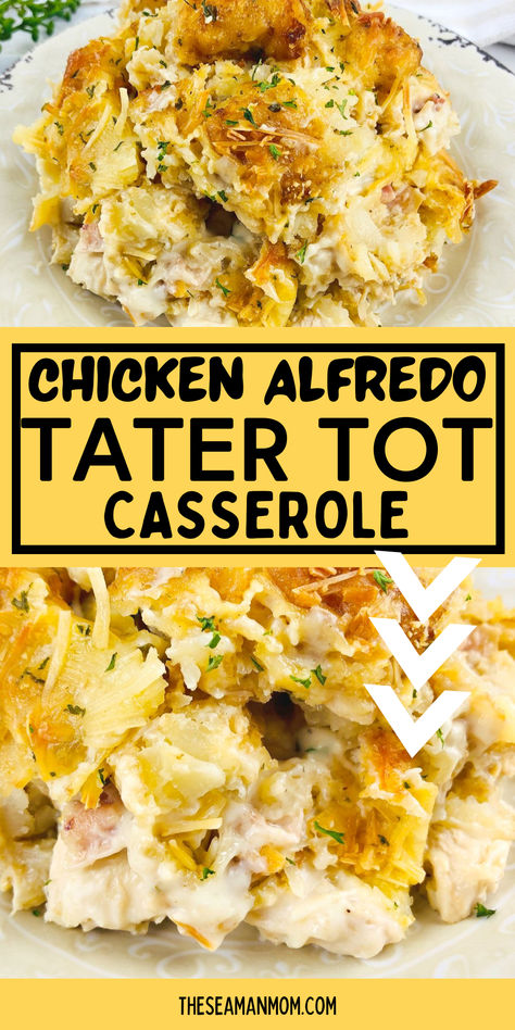 TATER TOT CASSEROLE Chicken And Tater Tots Recipes, Tatertot Casserole Recipe Chicken, Ranch Chicken Tater Tot Casserole, Chicken Alfredo Tater Tot Casserole, Tater Tot Casserole Cream Of Chicken, Cheesy Chicken Tater Tot Casserole, Cracked Out Chicken Tater Tot Casserole, Tater Tot Casserole Without Cream Soup, Tator Tot Recipe