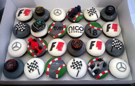 Formula One Cupcakes, Race Theme Cupcakes, F1 Birthday Party Ideas Mercedes, Formula 1 Party Decoration, F1 Cupcakes, Racing Cupcakes, F1 Cake, Birthday Surprise Kids, Nascar Party