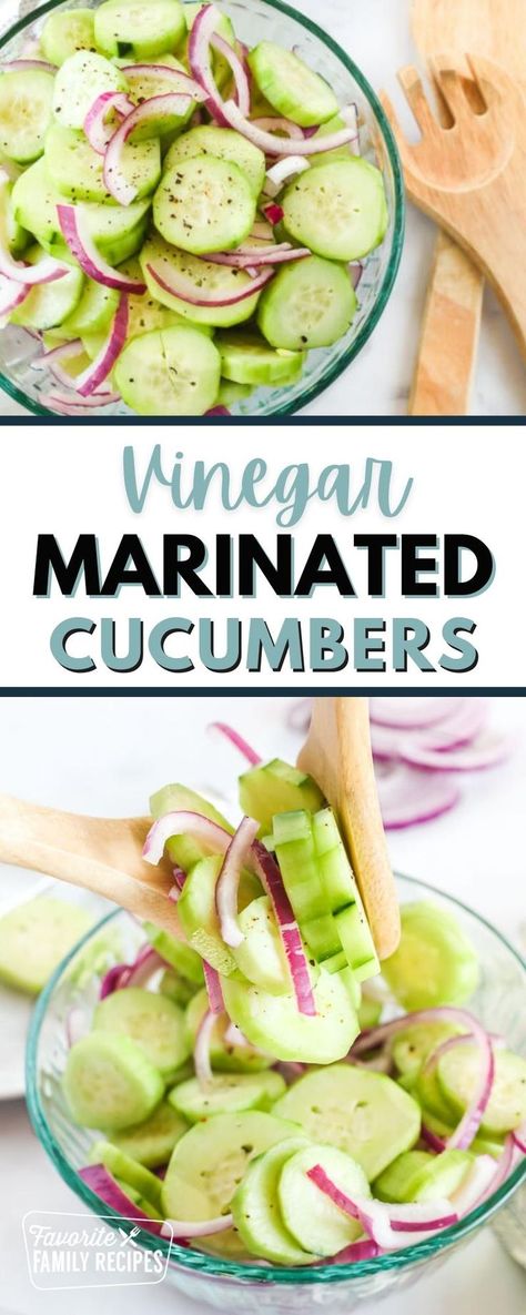 Vinegar Marinated Cucumbers is s a healthy and vibrant summer side dish. Who would’ve guessed that cucumbers in vinegar could be so good? The sliced cucumbers and red onions soak up the sweet and tangy vinegar dressing. It tastes so fresh and delicious. This a great, light side dish for barbecues, picnics, or potlucks. Cucumber Recipes Vinegar, Cucumber Onion Vinegar, Cucumber Red Onion Salad, Cucumber Onion Salad, Cucumber Salad Vinegar, Easy Cucumber Salad, Vinegar Cucumbers, Cucumber Onion, Marinated Cucumbers