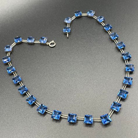 Riviere Necklace, Necklace Art, Silver Art, Sapphire Blue, Blue Crystals, Vintage Costumes, Princess Cut, Bezel Setting, Bright Blue