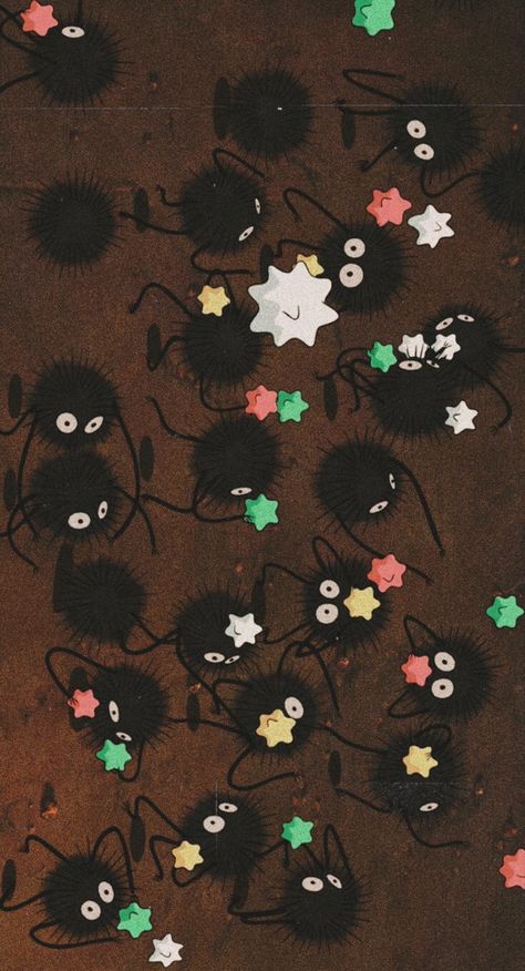 Sprite Aesthetic Wallpaper, Soot Sprite Wallpaper, Phone Background Studio Ghibli, Soot Sprite Wallpaper Desktop, Ghibli Theme Wallpaper, Soot Sprite Painting, Studio Ghibli Pattern Wallpaper, Black Iphone Background, Studio Ghibli Characters