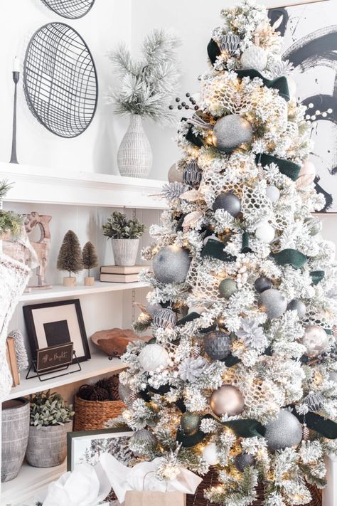 Neutral, Modern Cozy Christmas Tree - Cherished Bliss Modern Cozy Christmas, Cozy Christmas Tree, Christmas Neutral, Christmas Tree Inspo, Neutral Holiday Decor, Flocked Christmas Trees Decorated, Tree Ribbon, Neutral Christmas Decor, Christmas Tree Decorating Themes