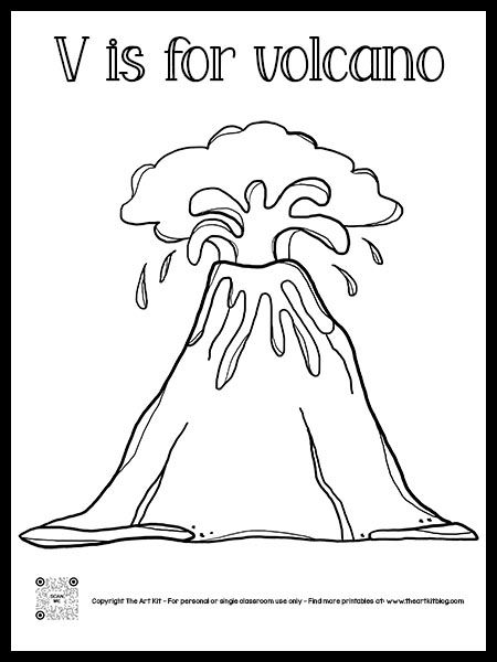 V is for Volcano Coloring Page [FREE PRINTABLE!] - The Art Kit Volcano Coloring Page, Dinosaur Poem, V Is For Volcano, Volcano Worksheet, Volcano For Kids, January Lesson Plans, Homeschool First Grade, Dino Craft, Volcano Activities