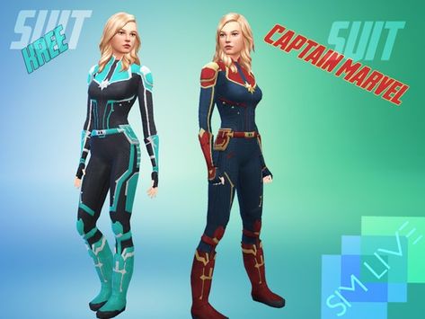 Sims 4 Suit Cc, Sims 4 Suit, Marvel Kree, Captain America Outfit, Marvel Clothes, Female Superhero, Sims 4 Dresses, Sims 4 Characters, Full Body Suit