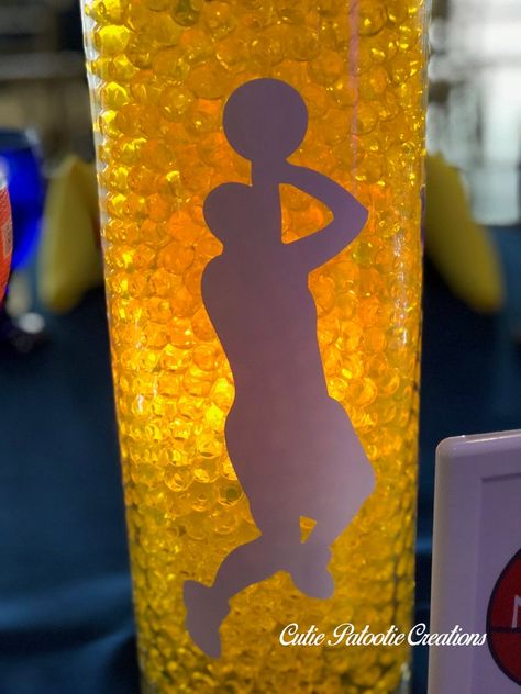 Glass Cylinder Centerpieces, Cylinder Centerpieces, Basketball Themed Birthday Party, Sports Centerpieces, Jordan Birthday, Basketball Banquet, Bar Mitzvah Centerpieces, Superhero Pillow, Mitzvah Centerpieces