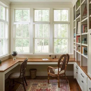 Built In L Shaped Desk, Home Office Built Ins With Desk, U Shaped Office Desk, Small Bedroom Desk, Built In Desk And Shelves, Desk And Shelves, Home Office Built Ins, L Shaped Office Desk, Home Office Closet