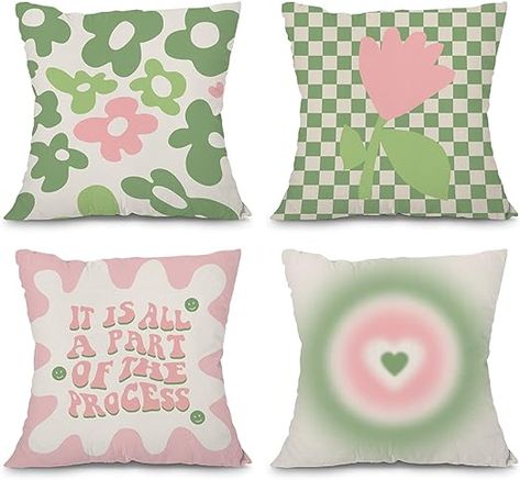 Aesthetic Sage Green, Danish Pastel Room Decor, Pink Comforter Sets, Sage Green And Pink, Purple Room Decor, Danish Pastel Room, Modern Bed Set, Pastel Pillows, Pink Comforter